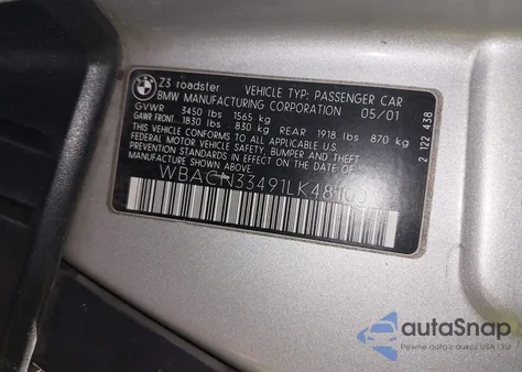 2001 BMW Z3 2.5I z USA, uszkodzony, nr VIN WBACN33491LK48100